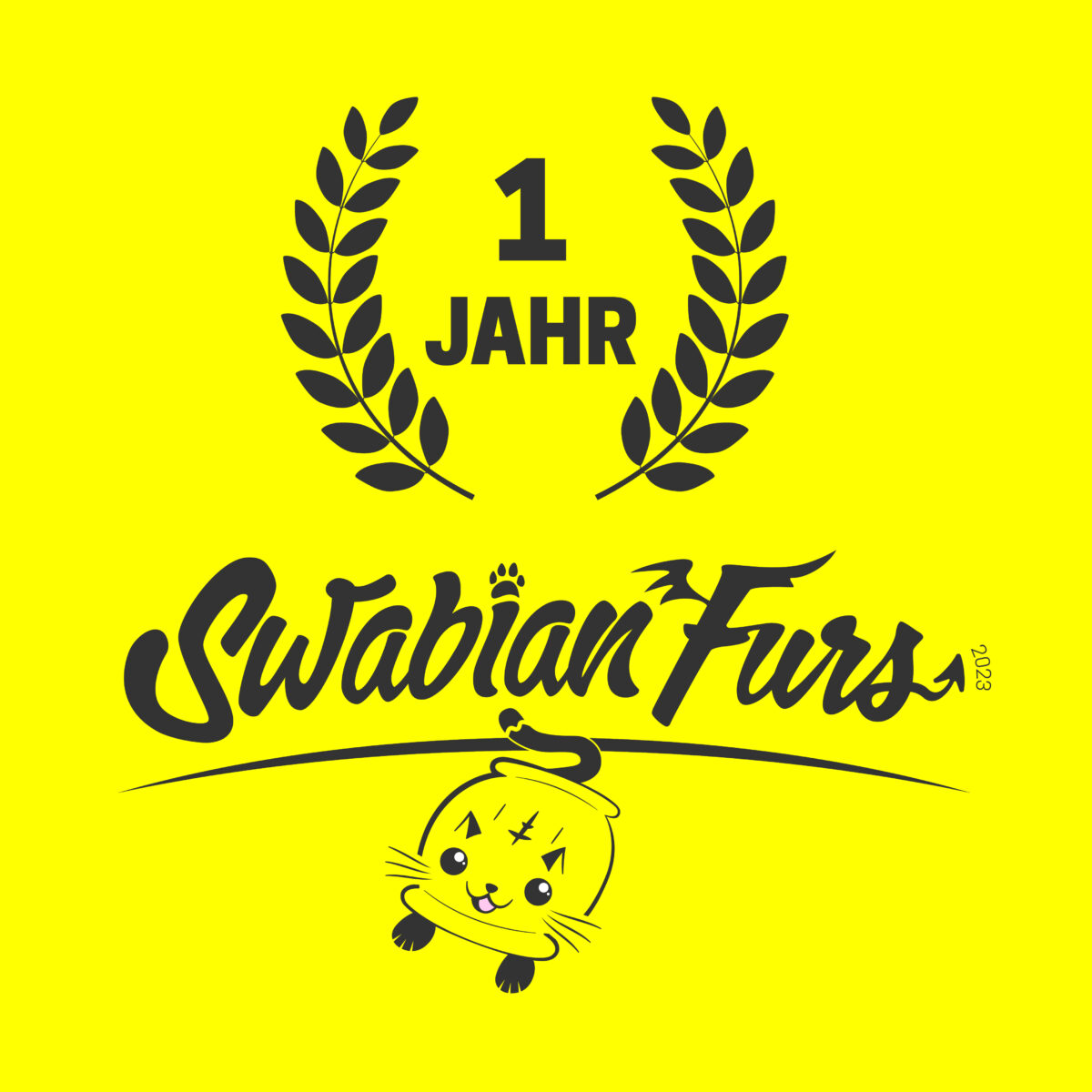 SwabianFirs Logo mit gelben Hinergrund. Mauli, ein Maulkätzchen, ist präsent.